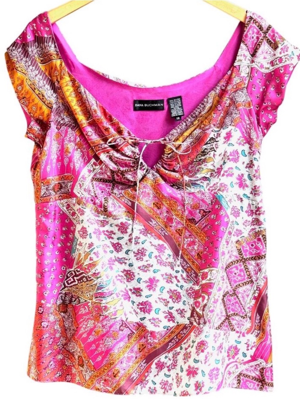 Dana Buchman Vintage Y2K 100% Silk Patchwork Paisley Cap Sleeve Blouse 12